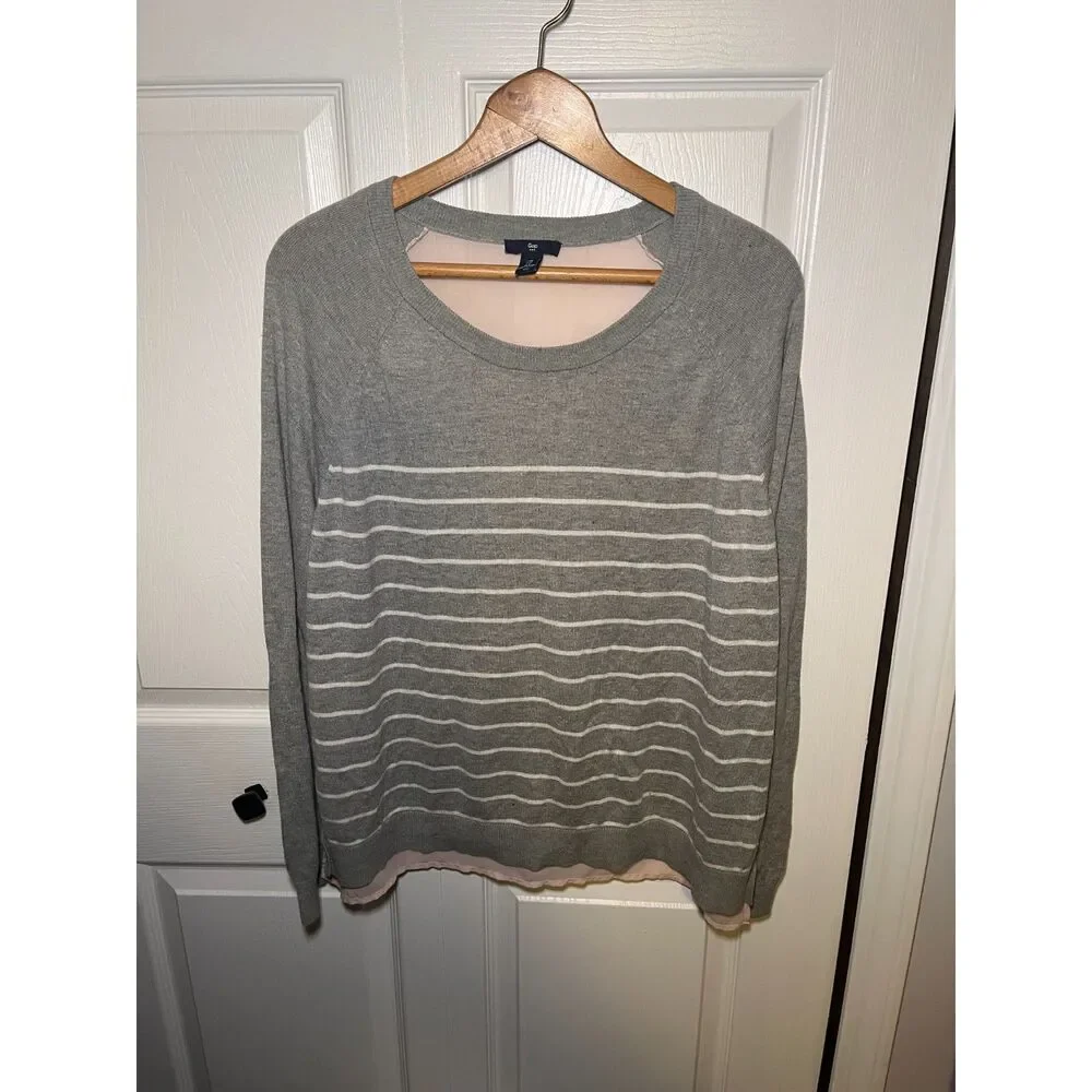 Gap Womens XL Gray Striped Sheer Back Lightweight Sweater Top